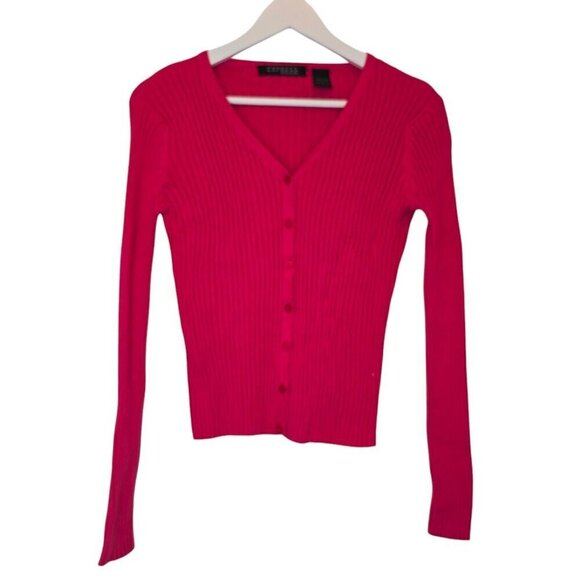 EXPRESS Rib Cotton Button Cardigan Pink Slim Long Sleeve V Neck Women Large Y2K - Picture 2 of 12